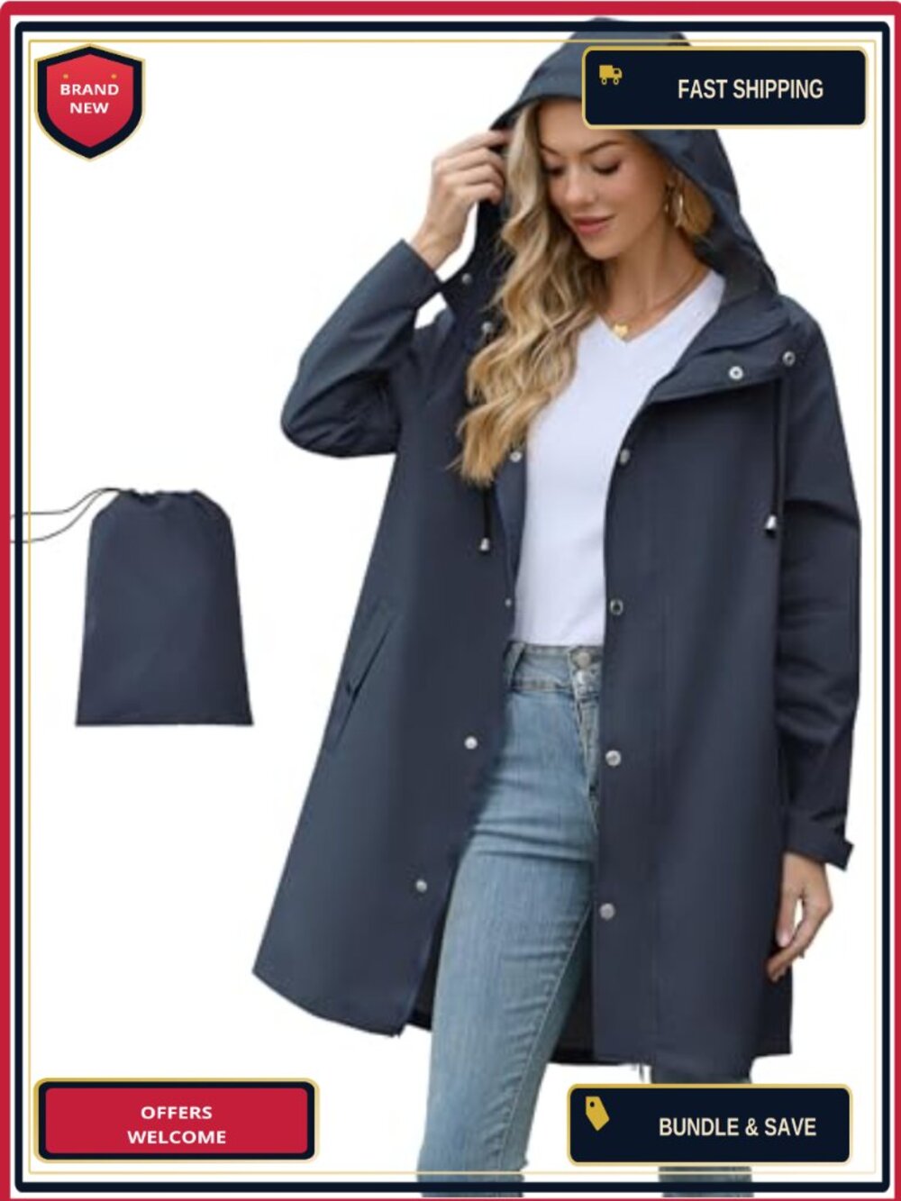 Packable Waterproof Rain Jacket Women Hooded Windbreaker Trench Coat